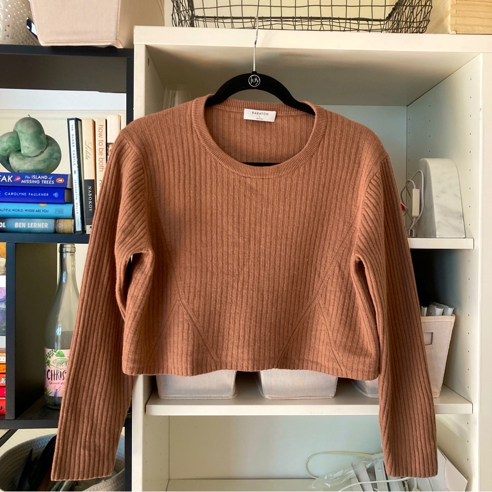 Aritzia Babaton Cropped Wool Linen Ribbed Sweater Brown L